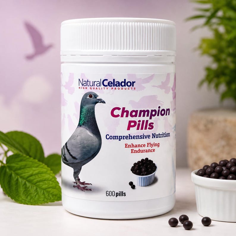 May include: A white supplement bottle with a screw-on lid, featuring a pigeon illustration and the text "Champion Pills." The label also includes "Comprehensive Nutrition" and "Enhance Flying Endurance." The bottle contains 600 pills.