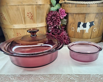Vision Corning USA Cranberry 1.5QT V-32-B Round Casserole Dish w/ Lid & Corning C-16-B 1Pint Round Casserole Dish