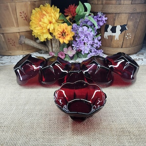Vintage Anchor Hocking Royal Ruby Red Berry Dessert Bowl- Scalloped Edge, Octagon Base- 4.5"- Set of 6