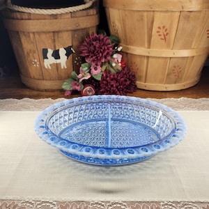Vintage Imperial Glass Katy Blue Opalescent Laced Edge Divided Oval Relish Dish