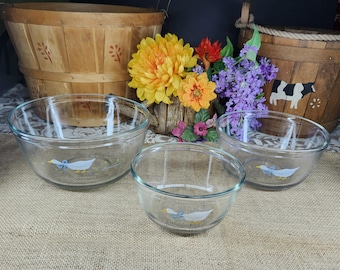 Vintage 1987 Anchor Hocking Blue Ribbon Country Goose Clear Mixing Bowls- 3pc Set