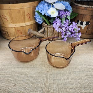 Vintage Vision Corning USA Amber 1L Spouted Saucepan and Vision Corning France Amber .7L Spouted Saucepan- No Lids