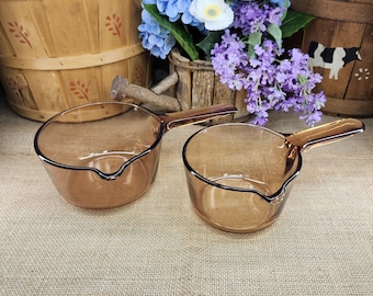 Vintage Vision Corning USA Amber 1L Spouted Saucepan and Vision Corning France Amber .7L Spouted Saucepan- No Lids