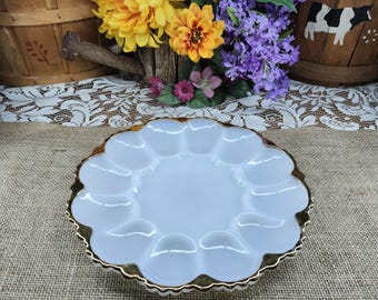 Vintage Anchor Hocking White Milk Glass Deviled Egg Plate with Gold Scalloped Trim