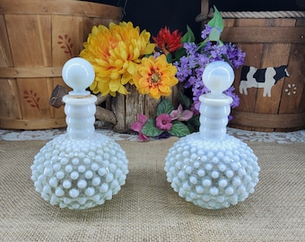 Vintage Anchor Hocking White Moonstone Opalescent Hobnail Perfume/Cologne Decanter Bottle- Set of 2