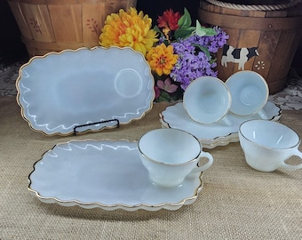 Vintage Anchor Hocking Fire-King White Milk Glass- Classic Snack Plates with Suburbia Teacups- 22K Gold Edged- Set of 8