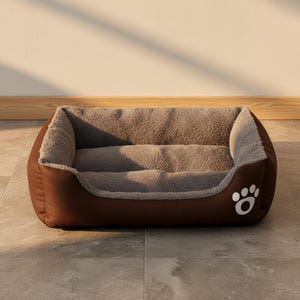 May include: A brown pet bed with a plush, gray interior and a white paw print design on the side. The bed has a rectangular shape with raised sides for comfort and security. The bed is designed for small to medium-sized dogs or cats.