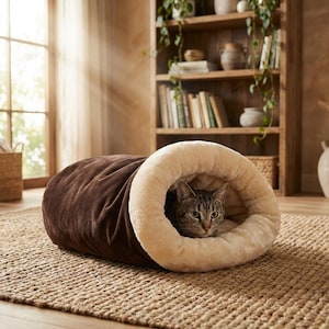 Peut inclure: Un lit tunnel marron pour chat avec un intérieur crème. Un chat tigré est à l'intérieur du tunnel, regardant vers l'extérieur. Le lit est sur un tapis tissé, avec une étagère et une fenêtre en arrière-plan. Un accessoire pour animaux de compagnie.