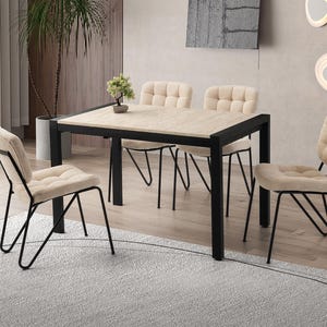Extendable Dining Table, Travertine Look Wood Top, Industrial Metal Legs, Space Saving Kitchen Desk