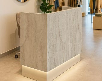 Modern Reception Desk, LED Lighted Welcome Counter, Travertine Look Office Stand, Retail Cashier Podium