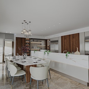May include: A modern kitchen and dining area design. It features a marble-topped island and dining table, wooden accents, and pendant lighting. The floor is tiled, and the space is well-lit. The text "Hakan Karaca Architecture" is at the bottom of the image.