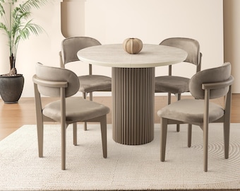 Extendable Round Dining Table, Travertine Look Wood, Minimalist Folding Kitchen Desk