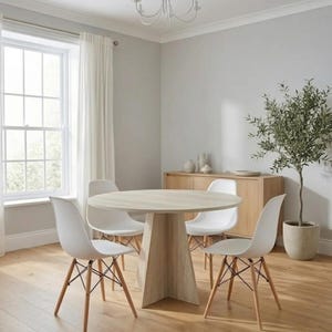 Könnte beinhalten: Ein runder Esstisch aus hellem Holz mit einem zentralen Säulenfuß, umgeben von vier weißen geformten Stühlen mit hellen Holzbeinen und schwarzen Metallstreben. Der Tisch hat eine glatte, kreisförmige Platte und ein stabiles, kantiges Untergestell.