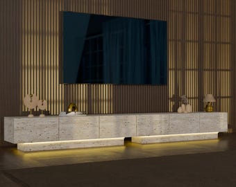 Mueble de TV moderno de 260 cm, centro de entretenimiento con iluminación LED, soporte de TV minimalista, consola multimedia grande, muebles de lujo para sala de estar.