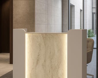 Moderne receptie, led-verlichte welkomstbalie, kantoorstandaard in travertin-look, winkelkassierpodium