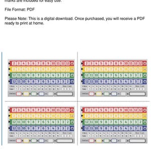 Może przedstawiać: Cyfrowe arkusze wyników PDF z kolorowym kodowaniem, z numerami 2-12. Arkusze zawierają znaki cięcia ułatwiające użytkowanie. Tekst na obrazku brzmi: "SUMMARY: This package includes a 1-page PDF featuring score sheets."