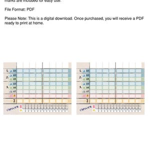 May include: Digital PDF score sheets for the game Ohana. The sheets feature a grid layout with numbered sections and game-specific symbols. The file format is PDF and is ready to print at home.