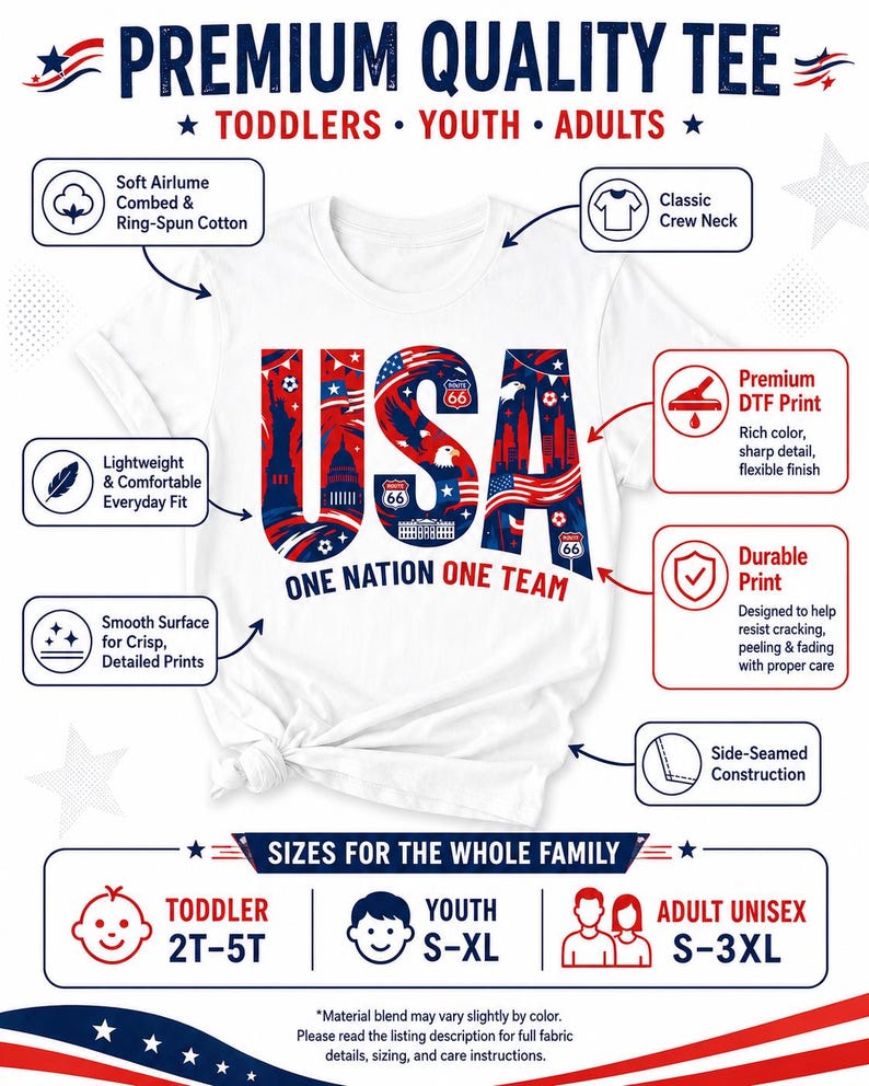 May include: A white crew neck t-shirt featuring a large graphic of the letters USA filled with patriotic imagery including the Statue of Liberty, bald eagles, and Route 66 signs. The text ONE NATION ONE TEAM is printed below in red and blue.