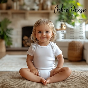 May include: A plain white short-sleeved baby bodysuit worn by a toddler. To the right, a size chart titled Geber Onesie displays height and weight ranges in inches and pounds for sizes ranging from preemie to 24 months, including specific measurements.