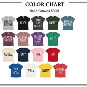May include: A colour chart displaying Bella Canvas 3001T t-shirts in a range of shades. Colours include Athletic Heather, Black, Dark Grey Heather, Forest, Heather Deep Teal, Heather Maroon, Heather Mauve, Heather Team Purple, Kelly, Natural, Navy, Pink, Red, True Royal, White, Yellow, and Heather Red.