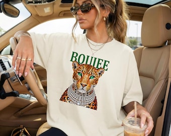 Boujee Leopard Graphic Tee, Oversized Cheetah Shirt with Bling, Green Lettering Animal Print T-Shirt, Aesthetic Streetwear Gift