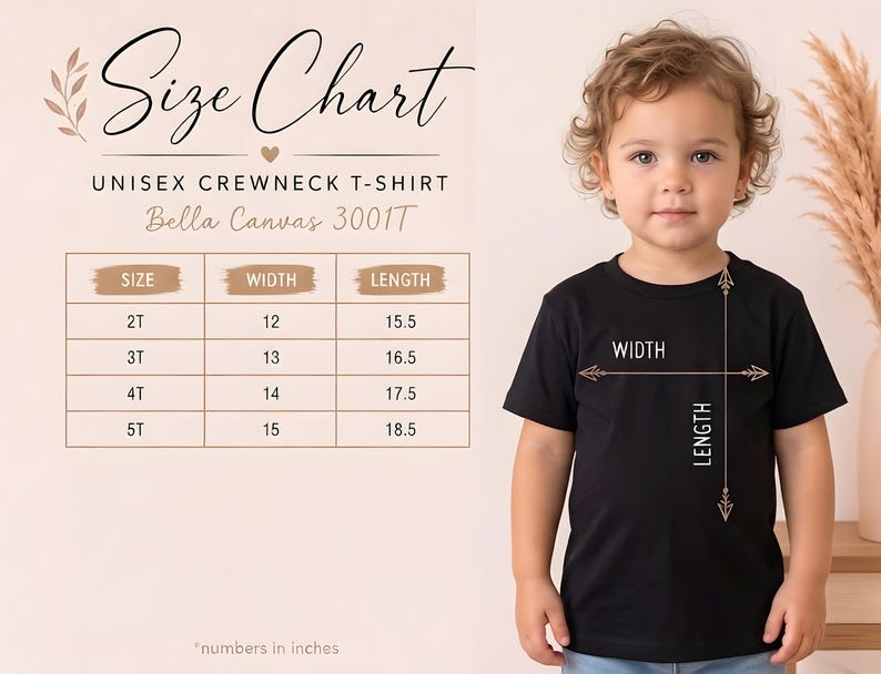 May include: A size chart for a Bella Canvas 3001T unisex crewneck t-shirt. The chart lists sizes 2T through 5T with corresponding width and length measurements in inches. A black t-shirt is shown with arrows indicating width and length.