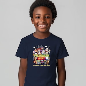 May include: A navy blue short-sleeve t-shirt featuring a colorful graphic of various animated characters in Halloween costumes. The text reads HALLOWEEN STORY and TO INFINITY AND BOO-YOND, surrounded by spiderwebs, bats, and a ghost illustration.