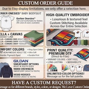 May include: A custom order guide infographic featuring apparel options including Gerber Onesies, Bella + Canvas tees, Comfort Colors shirts, and Gildan sweatshirts. It displays embroidery examples, DTF print quality, and color palette swatches.