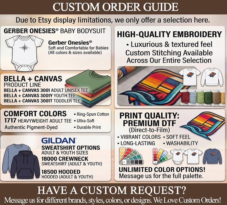 May include: A custom order guide infographic featuring apparel options including Gerber Onesies, Bella + Canvas tees, Comfort Colors shirts, and Gildan sweatshirts. It displays embroidery examples, DTF print quality, and color palette swatches.