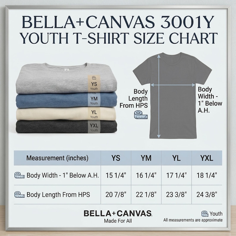 May include: A size chart for Bella+Canvas 3001Y youth t-shirts. The chart displays stacked t-shirts in grey, blue, cream, and black. Measurements are in inches, including body width and length for sizes YS, YM, YL, and YXL. The text "BELLA+CANVAS" is at the bottom.