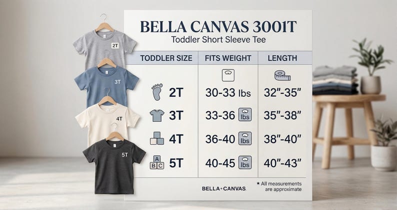 May include: Four toddler short sleeve tees in grey, blue, cream, and charcoal, each labeled with a size from 2T to 5T. A size chart details weight in pounds and length measurements in inches for each size. The brand is Bella Canvas.