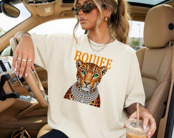 Boujee Leopard Graphic Tee, Oversized Cheetah Shirt with Bling, Green Lettering Animal Print T-Shirt, Aesthetic Streetwear Gift