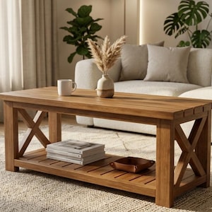 May include: A rectangular wooden coffee table with an X-shaped design on the sides. The table has a lower shelf and is stained a warm brown color. A white mug, vase with dried plants, and a stack of books are on top.