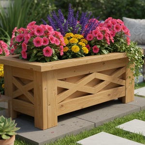 Puede incluir: Una jardinera rectangular de madera llena de vibrantes flores rosas, amarillas y moradas. La jardinera tiene un diseño decorativo de cruces en la parte delantera y está colocada sobre una base de piedra gris, rodeada de vegetación.