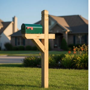 Peut inclure: Un poteau de boîte aux lettres en bois avec une boîte aux lettres en métal vert. La boîte aux lettres a un drapeau rouge. Le poteau est en bois naturel et est installé dans une pelouse. Des maisons sont visibles en arrière-plan.