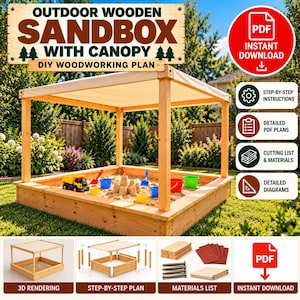 Könnte beinhalten: Ein DIY-Holzbauplan für einen Outdoor-Sandkasten mit Überdachung. Das digitale Dokument enthält Schritt-für-Schritt-Anleitungen, detaillierte PDF-Pläne, eine Zuschnittliste, Materialangaben und Konstruktionszeichnungen für den Rahmen.