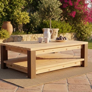 Peut inclure: Une table basse en bois clair avec une étagère inférieure, posée sur un tapis tissé. La table a des pieds marron foncé et est entourée d'éléments de décoration extérieure, dont un pichet blanc, des tasses et un bol de fruits. La table mesure environ 122 cm de long.