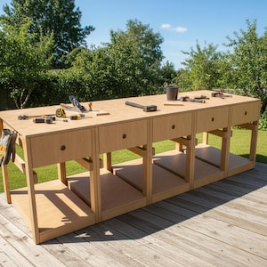 Digital Wooden Workbench Plan with Drawers & Shelves — DIY Shelf Workbench Blueprint