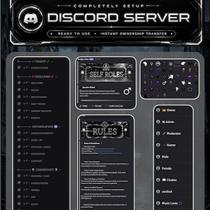 以下が含まれることがあります： 完全にセットアップされたDiscordサーバーテンプレートのデジタル表示。インターフェースには、Verify、Welcome、Information、Communityなどのカテゴリを持つチャンネルリスト、ロール割り当てメニュー、ルールセット、サーバーロールのリストが含まれています。
