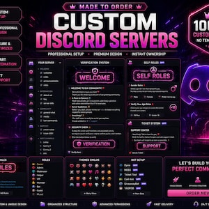 以下が含まれることがあります： ダークテーマとネオンピンクのアクセントが特徴の、カスタムDiscordサーバーデザインサービスを紹介するデジタルディスプレイ。ウェルカムメッセージ、認証システム、セルフロール、チケットシステム、ルール、ボット設定のセクションで構成されています。
