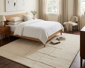 Ivory Minimalist Hand Tufted Rug | Modern Geometric Area Rug | Soft Neutral Carpet for Living Room & Bedroom