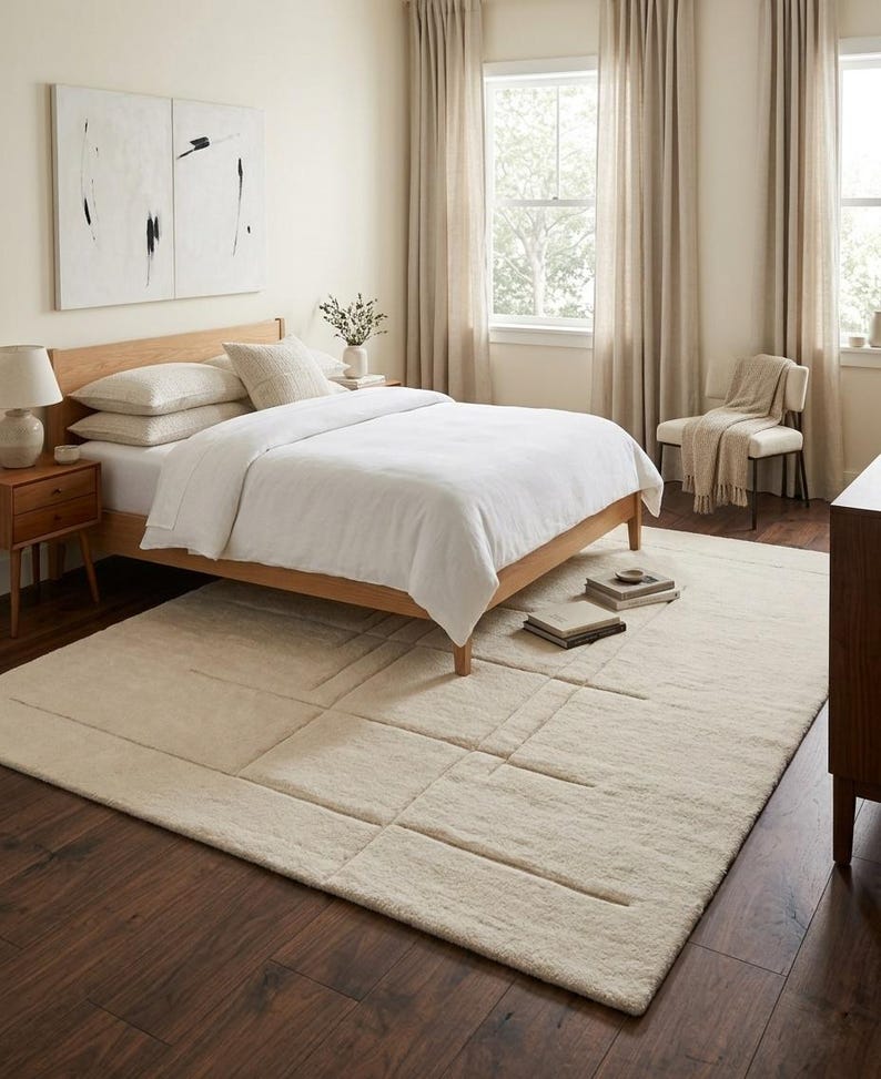 Pode incluir: Um quarto com um tapete de cor clara com um design geom&eacute;trico, uma estrutura de cama de madeira e um edredom branco. O quarto tem cortinas de tons neutros, uma mesa de cabeceira e obras de arte na parede. O tapete tem aproximadamente 244 cm por 305 cm.