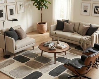 Hand Tufted Wool Cotton Abstract Geometric Rug, Neutral Beige Black Scandinavian Carpet