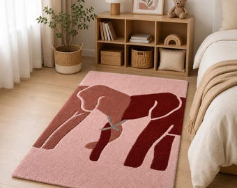 Handmade Abstract Elephant Tufted Rug, Blush Pink Nursery Carpet, Kids Room Area Rug