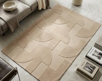 Modern Geometric Tufted Rug, Neutral Beige Area Rug, Handmade Contemporary Carpet, Minimalist Living Room Rug, Soft Abstract Floor Rug