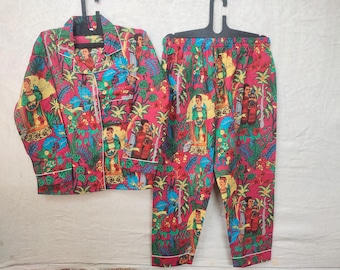100% Cotton Tropical Print Pajama Set | Button Down Long Sleeve Sleepwear