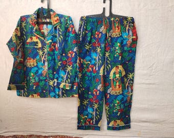 Blue Floral Cotton Pajama Set | Button Down Long Sleeve Sleepwear, Lounge Night Suit
