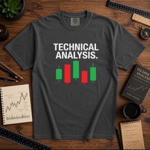 May include: A charcoal gray short-sleeve t-shirt featuring the white text "TECHNICAL ANALYSIS." above a graphic of five stock market candlestick chart bars in alternating green and red colors. The shirt has a crew neckline and a standard fit.
