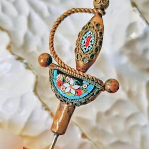 Antique Italian Micro Mosaic Sword Stick Pin, Victorian Brass Sabre Brooch