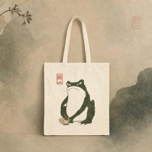 Frog Tote Bag, Funny Grumpy Frog Canvas Book Bag, Japanese Woodblock Art, Cottagecore Frog Lover Gift, Matsumoto Hoji